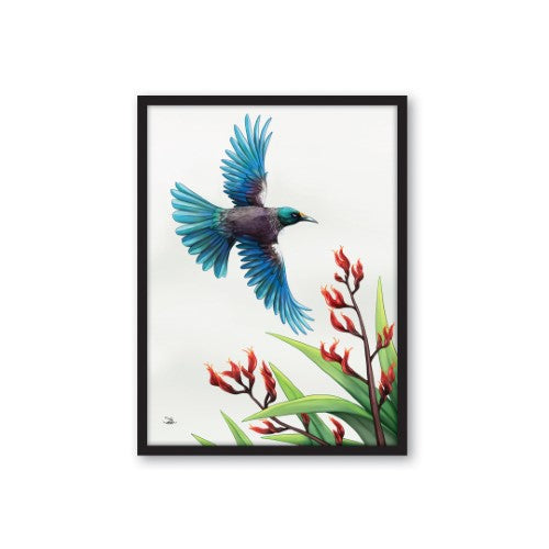 Sophie Blokker Kiwiana Framed Canvas Print Small - Tui in Flight