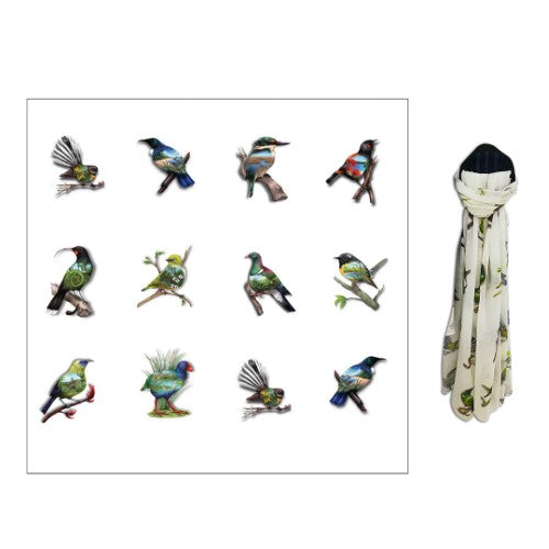 Sophie Blokker Kiwiana Polyester Scarf - Multi Birds