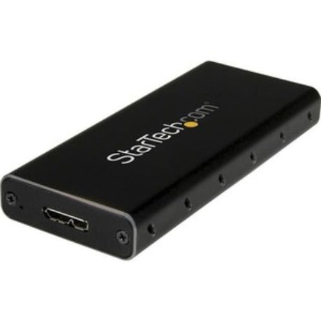 StarTech.com M.2 SATA SSD Enclosure in black/silver, portable design with USB 3.1 Gen 2 for 10Gbps data transfer.