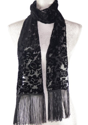 Scarf - Black Flowers Burnout -  Black