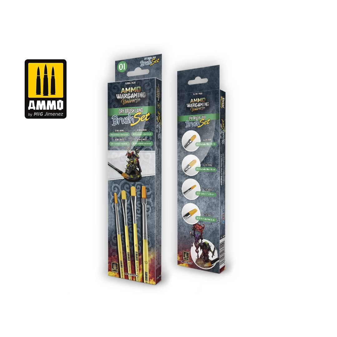Ammo by MIG -  Brushes - Wargaming Universe - Dry Brush Land Brush Set