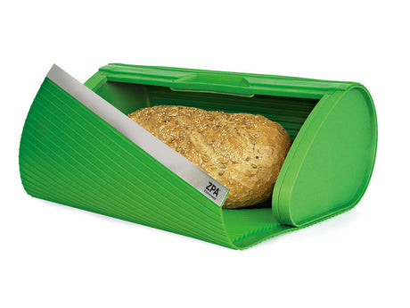 Green Zitos Bread Bin with stainless steel edge, durable silicone, spacious for loaves, stylish for modern kitchens.