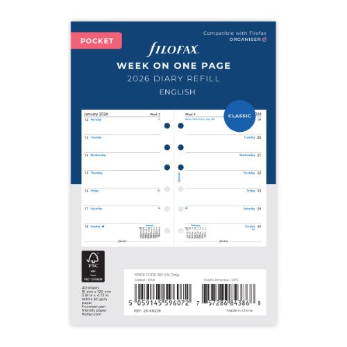 Filofax Refill Classic Week Per Page Pocket 2026