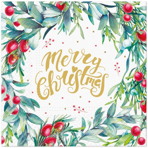 Napkins - PAW Merry Christmas Floral 33 x 33cm (Pack of 20)