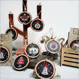 Vintage Merry Xmas wood slice ornament, laser cut, rustic design, printed on both sides, perfect for holiday gifting.