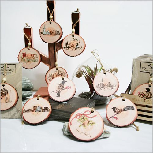 Vintage Merry Xmas wood slice ornament, laser cut, rustic design, double-sided print, perfect for holiday gifting.
