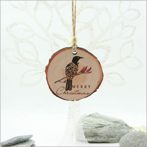 Wood Slice Ornament : Filigree Tui with Xmas - Ornaments