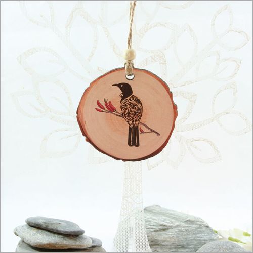 Wood Slice Ornament : Filigree Tui - Ornaments