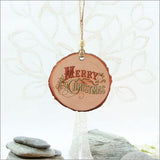 Vintage Merry Xmas Wood Slice Ornament, rustic design in premium wood veneer, perfect for holiday decor and gifting.