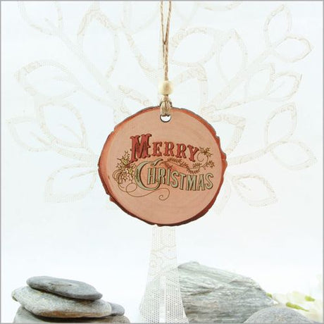 Vintage Merry Xmas Wood Slice Ornament, rustic design in premium wood veneer, perfect for holiday decor and gifting.
