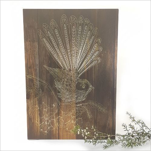 Kiwiana Wall Art - Rectangle : Dark Wood Fantail (Large)