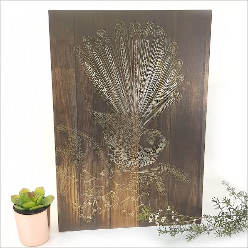 Kiwiana Wall Art - Rectangle : Dark Wood Fantail (Large)