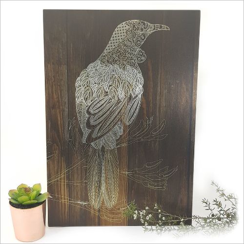 Kiwiana Wall Art - Rectangle : Dark Wood Tui (Large)