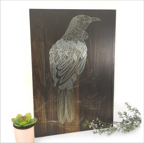 Kiwiana Wall Art - Rectangle : Dark Wood Tui (Large)