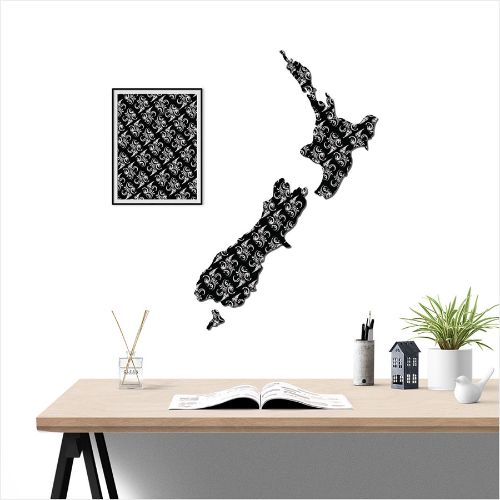 Kiwiana Wall Art - Large NZ Map : Black Fern Pattern