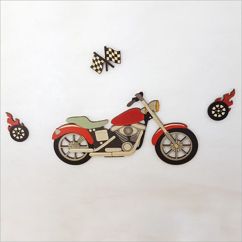 Colorful pine wall art featuring a motor bike set, perfect for kids' rooms, inspiring adventure and creativity.