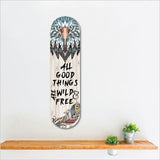 Vibrant 'Wild & Free' skateboard wall art in ACM, perfect for indoor/outdoor decor and celebrating skateboarding culture.