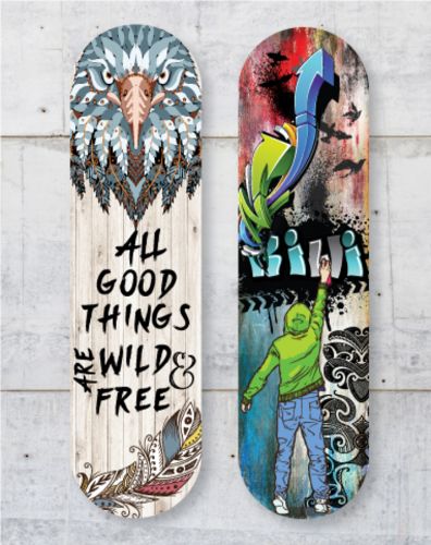 Vibrant 'Wild & Free' skateboard wall art in lightweight ACM, perfect for indoor/outdoor decor and easy to hang.