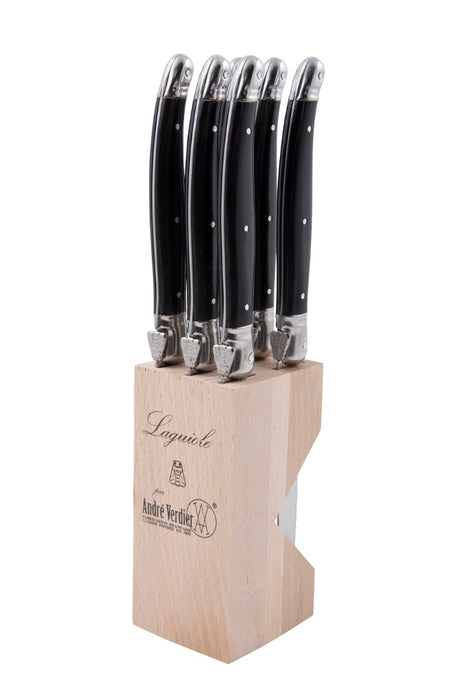 Handcrafted 6-piece steak knife set with vibrant resin handles and full tang stainless steel blades in a wooden block.