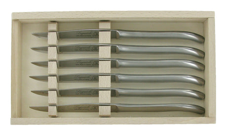 Set of 6 satin finish steak knives in Laguiole design, crafted in France, perfect for elegant dining and meat lovers.