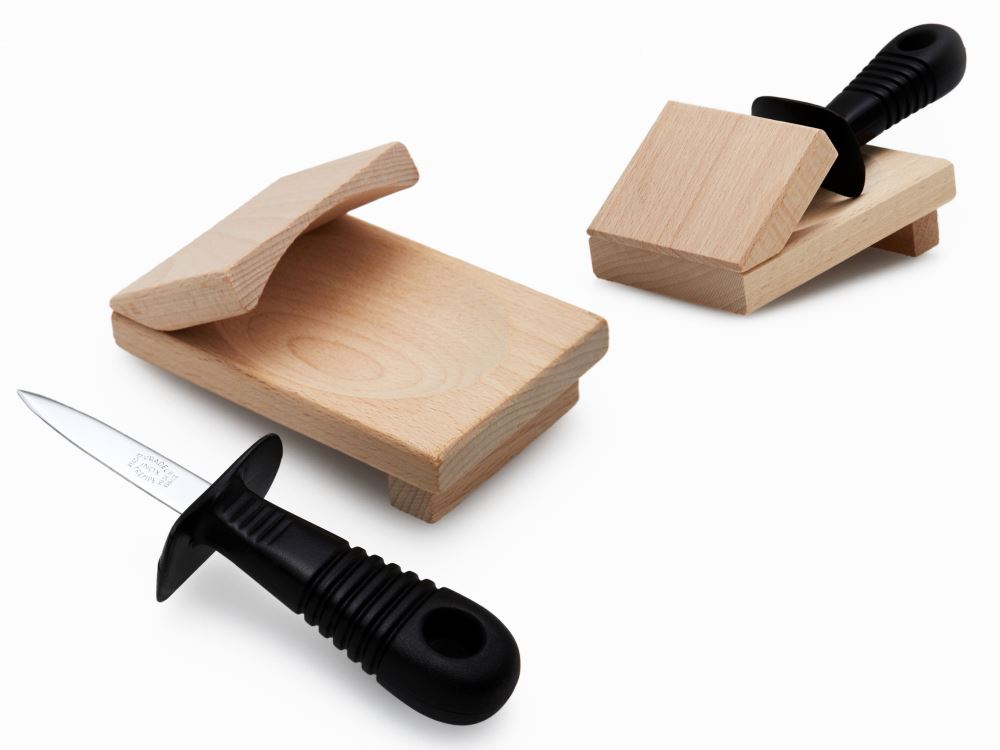 Oyster shucker with wooden guard, featuring a high carbon steel blade and secure base for safe shelling.