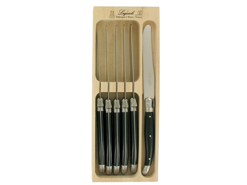 Set of 6 black table knives with stainless steel blades and resin handles, featuring the Laguiole bee emblem.