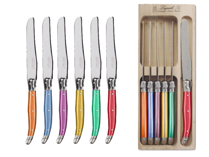 Set of 6 vibrant table knives with stainless steel blades and colorful resin handles, featuring the iconic Laguiole Bee insignia.