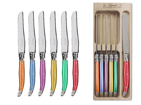 Set of 6 vibrant table knives with stainless steel blades and colorful resin handles, featuring the iconic Laguiole Bee insignia.