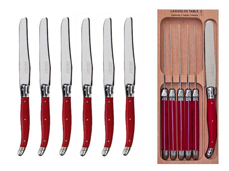 Set of 6 luxurious deep red Laguiole table knives with stainless steel blades and elegant handles, made in France.