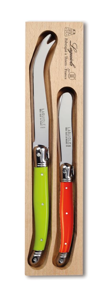 Vibrant two-piece cheese set in green and orange with stainless steel blades and iconic Laguiole Bee embossed handles.