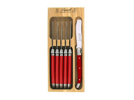 Set of 6 bright red Andre Verdier Laguiole spreaders with stainless steel blades and resin handles featuring the Laguiole Bee.