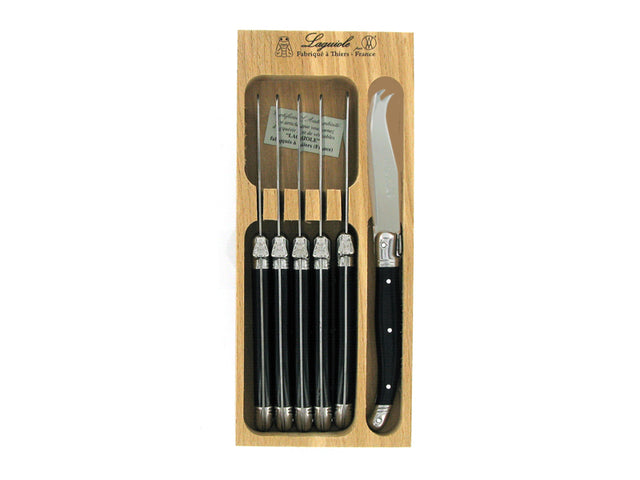 Set of 6 luxurious small cheese knives with black resin handles and stainless steel blades, ideal for elegant cheese serving.