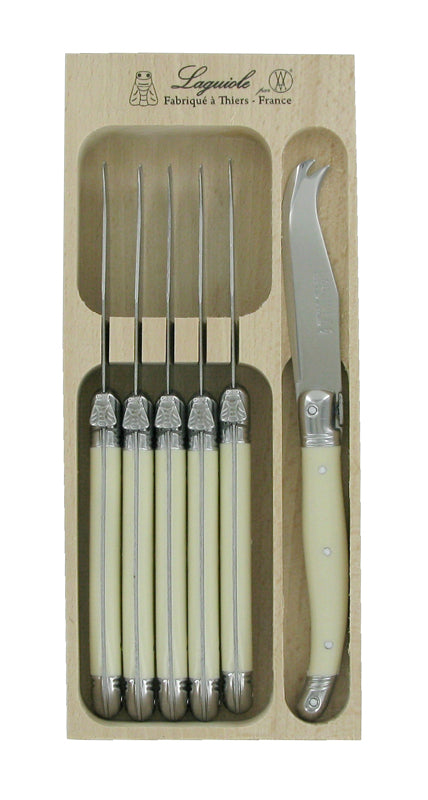 Set of 6 ivory-handled Laguiole cheese knives for precise slicing, featuring stainless steel blades and iconic Laguiole Bee.