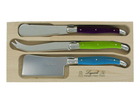 Elegant cheese set with colorful handles, includes knives and cleaver, perfect for entertaining or everyday use.