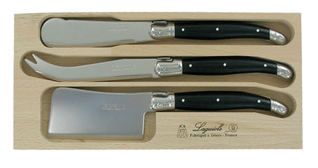 Elegant black Laguiole cheese set with spreader, featuring stainless steel blades and resin handles, perfect for entertaining.