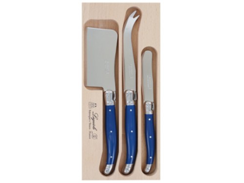 Elegant navy Verdier Cheese Set with stainless steel tools, featuring spreader and Laguiole Bee, gift-ready in wooden tray.