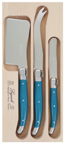 Elegant Verdier Cheese Set in Teal with stainless steel spreader and vibrant resin handles, perfect for cheese lovers.