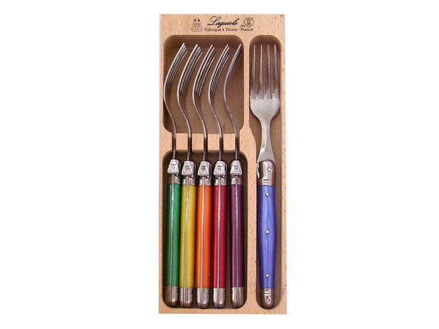 Set of 6 colorful forks by Andre Verdier, featuring stainless steel and resin handles with engraved Laguiole Bee design.