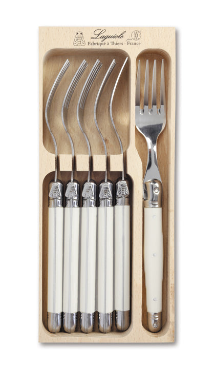 Set of 6 Andre Verdier Laguiole forks with colored resin handles and the trademark bee, in a wooden gift tray.