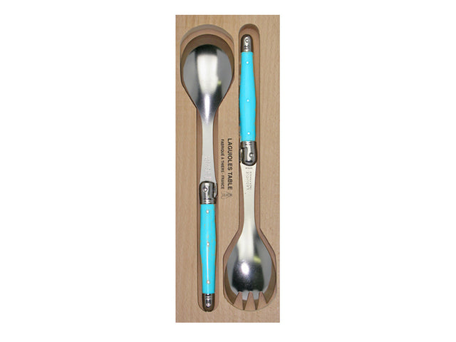 Elegant blue resin-handled salad server set from Laguiole, handcrafted in France with stainless steel tines and signature bee.