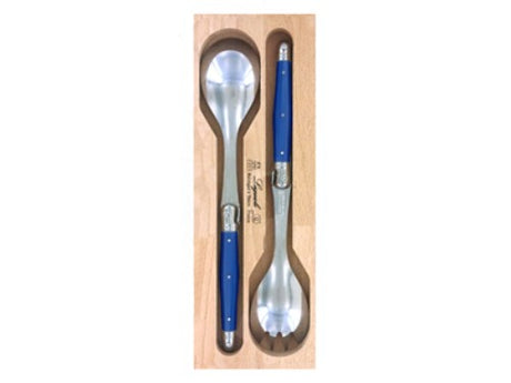 Navy Verdier Salad Servers Set with stainless steel and resin handles, featuring Laguiole Bee, perfect for elegant dining.