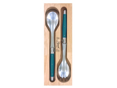 Teal Verdier Salad Servers Set with stainless steel heads and resin handles, featuring Laguiole Bee, elegantly packaged in a wooden tray.