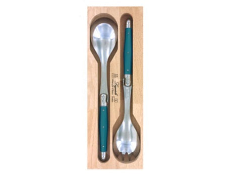 Teal Verdier Salad Servers Set with stainless steel heads and resin handles, featuring Laguiole Bee, elegantly packaged in a wooden tray.