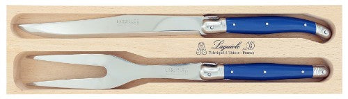 Navy Verdier Carving Set featuring stainless steel blades and resin handles, elegantly packaged in a wooden gift tray.