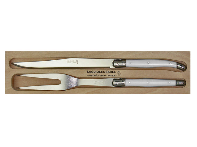 Elegant Carving Set White by Andre Verdier, featuring stainless steel knives, resin handles, and Laguiole Bee emblem.