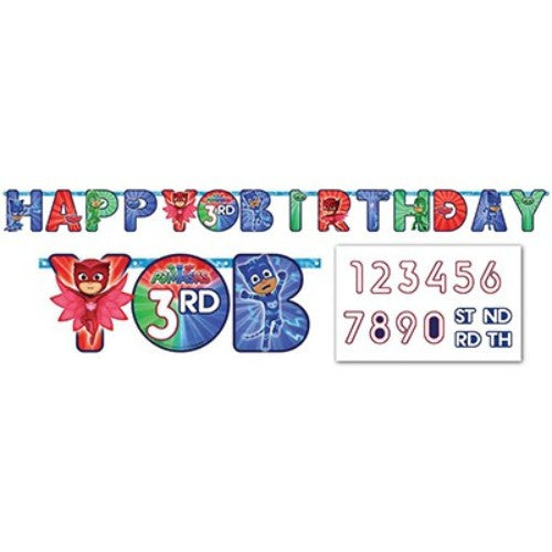 Colorful PJ Masks birthday banner, 3.2m long, customizable age, features beloved characters, perfect for children's parties.