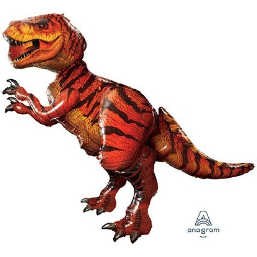 Giant 5ft T-Rex Airwalker foil balloon, perfect for Jurassic-themed parties and celebrations. Requires helium to float.