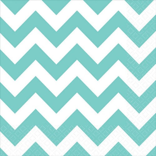 Pack of 16 Robin's-Egg Blue Chevron Lunch Napkins, 33cm x 33cm, stylish and absorbent for any dining occasion.