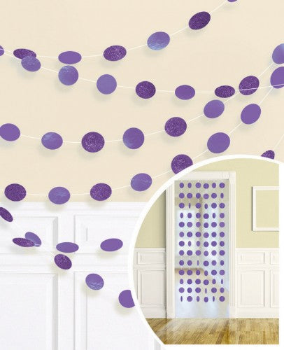 Pack of 6 New Purple Glitter Round String Decorations, 7 feet long, perfect for adding sparkle to any event decor.