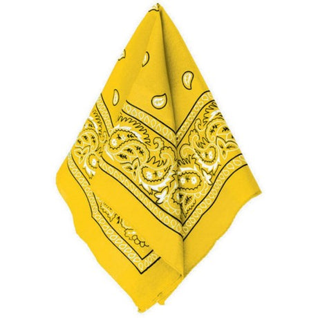 Vibrant yellow 20x20 inch bandana made from 100% polyester, perfect for fashion accessories and DIY projects.